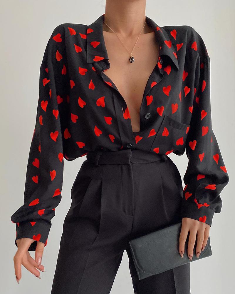 

Heart Print Pocket Design Buttoned Shirt, Black