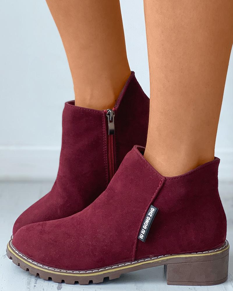 

Suede Zipper Design Chunky Ankle Boots, Wine red