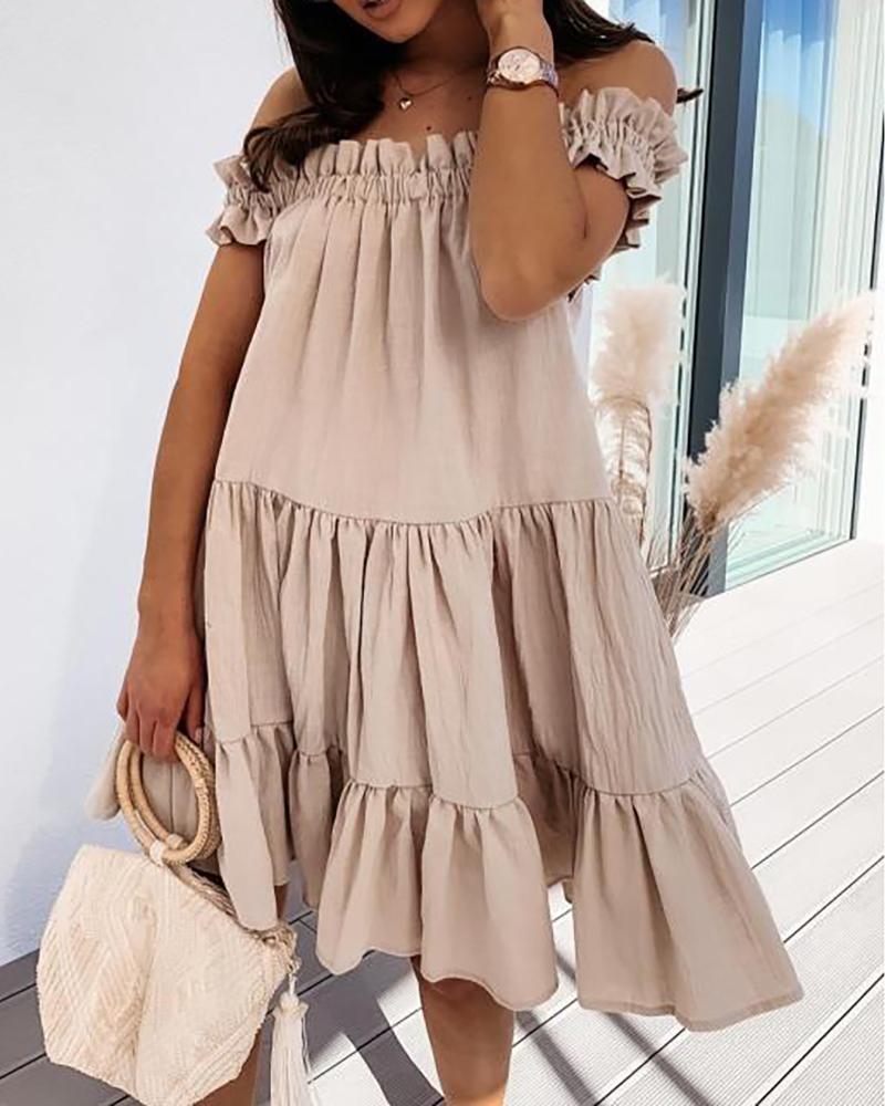 

Off Shoulder Frill Hem Plain Ruched Dress, Khaki