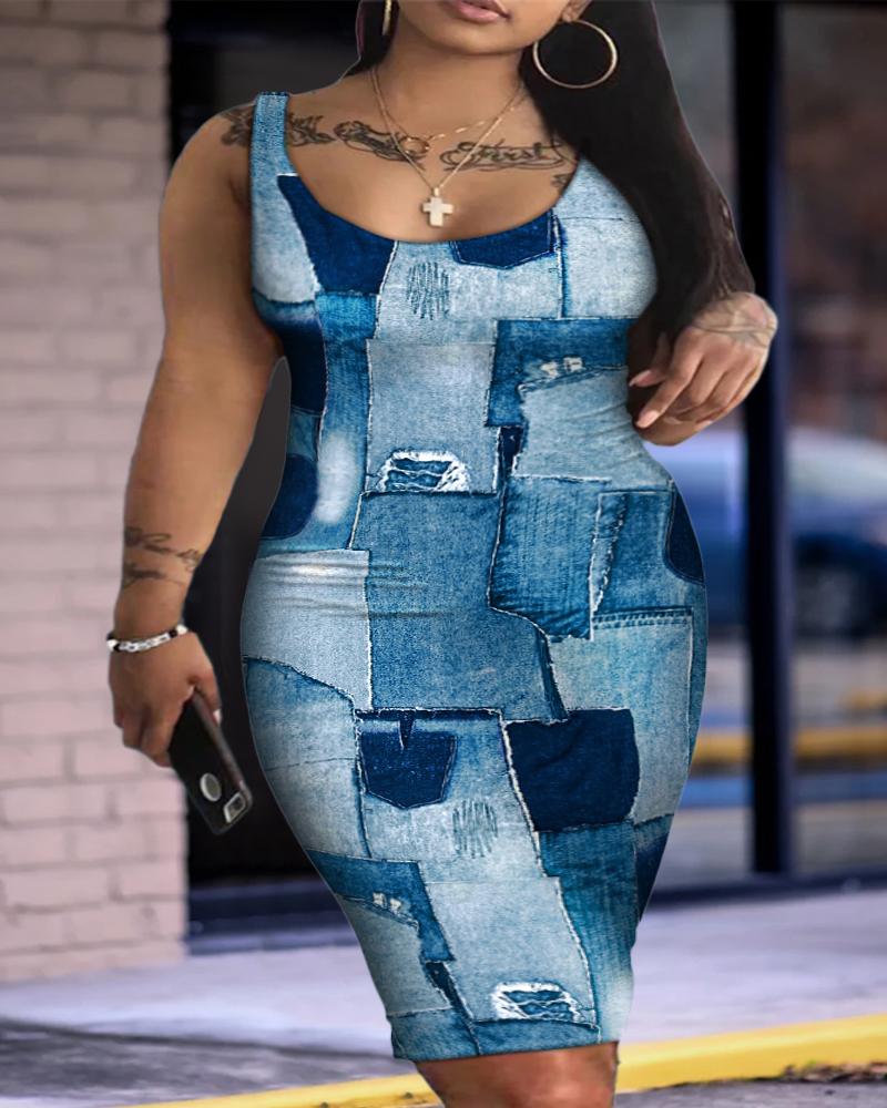 

Plus Size Denim Look Print U-Neck Sleeveless Bodycon Dress, Blue