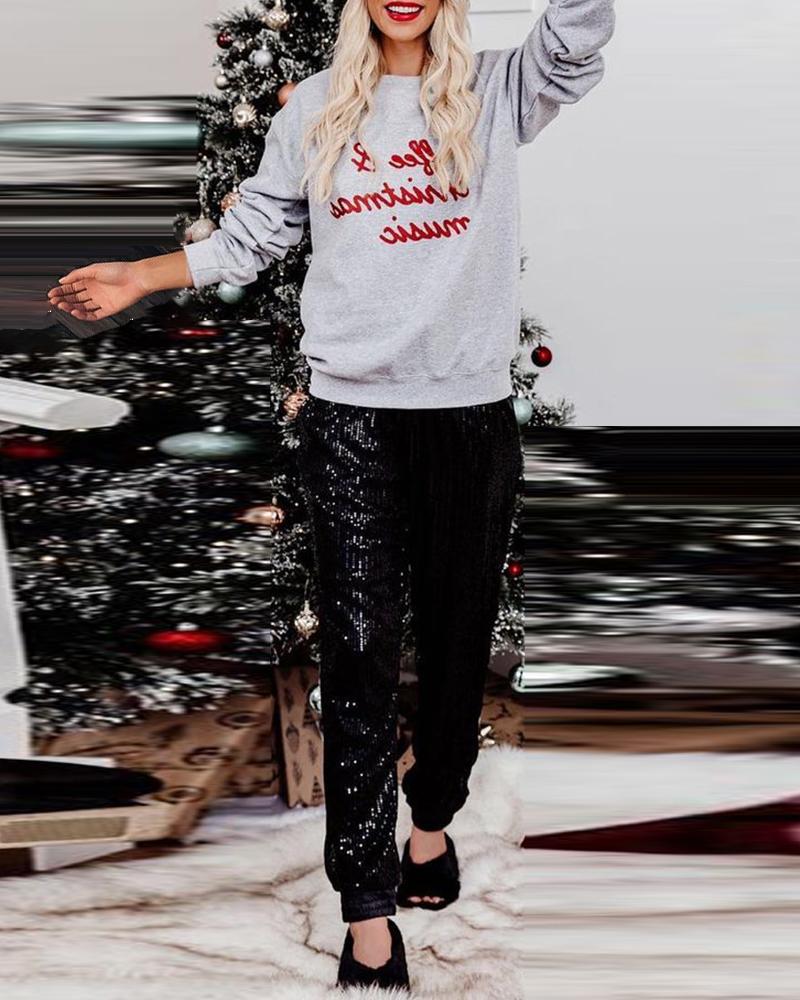 

Christmas Letter Print Top & Seqins Pants Set, Gray