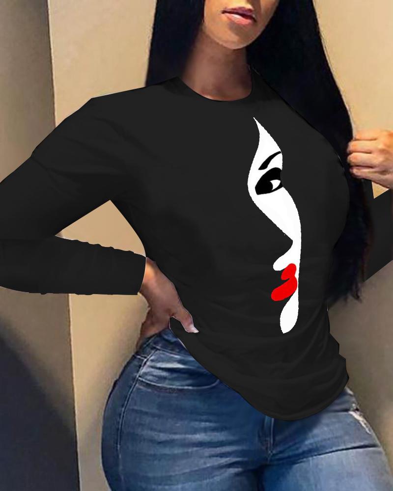 

Figure Print Long Sleeve Casual Top, Blackwhite