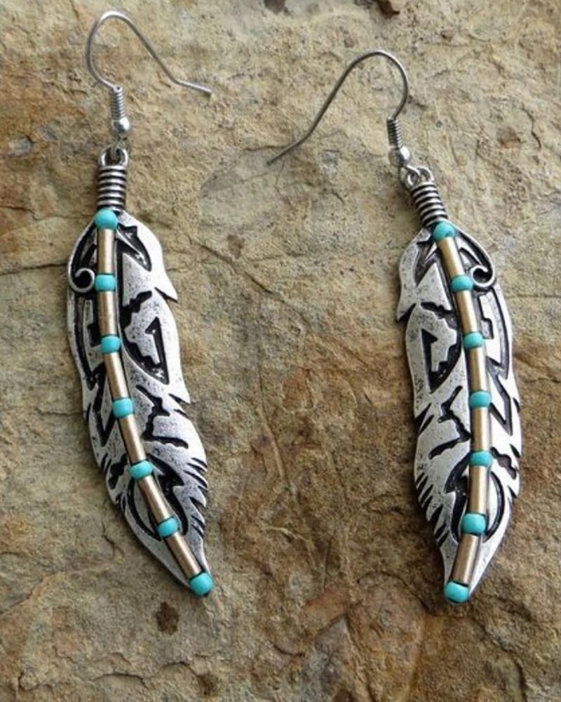 

1Pair Clan Retro Feather Shaped Hoop Earrings, Silver