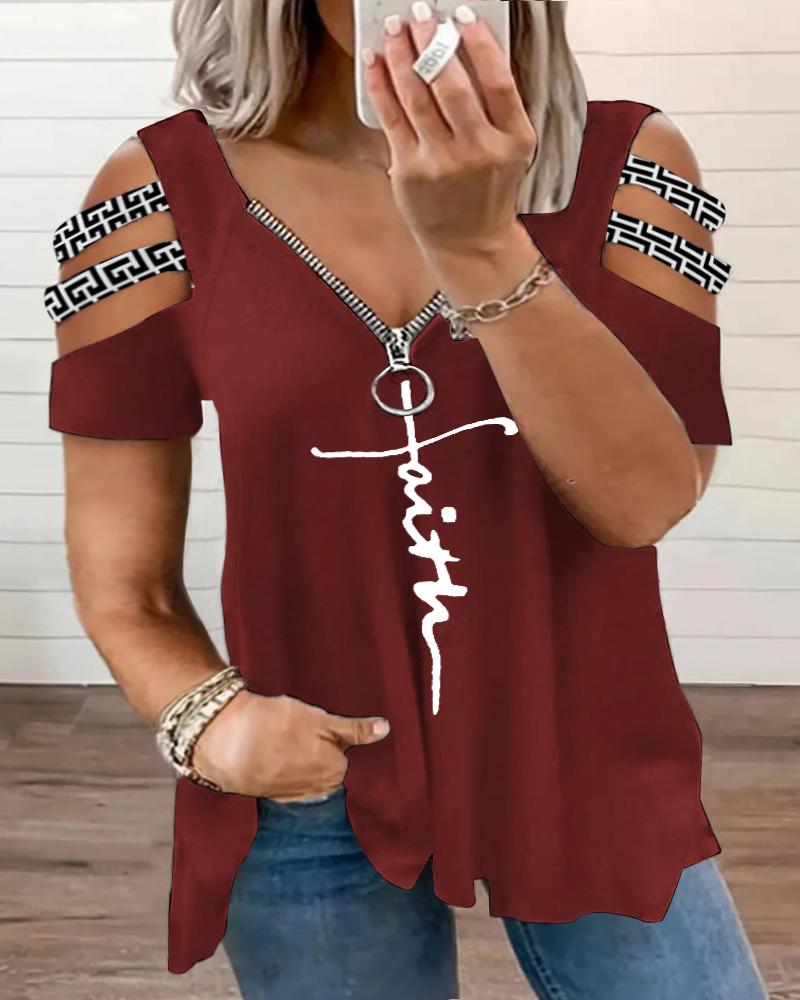 

Plus Size Faith Geometric Print Cutout Zipper Design T-Shirt, Wine red