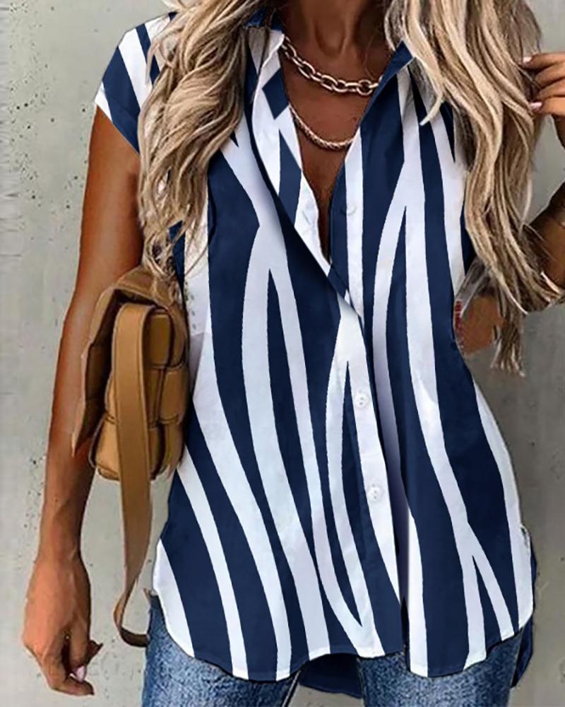

Zebra Stripe Print Short Sleeve Buttoned Top, Purplish blue
