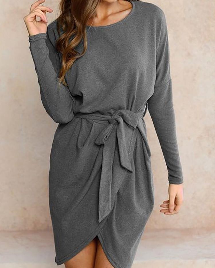 

Trendy Batwing Sleeve Tied Waist Irregular Casual Dress, Gray