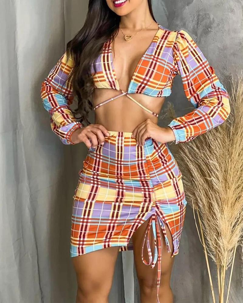 

Plaid Print Crop Top & Drawstring Ruched Skirt Set, Multicolor