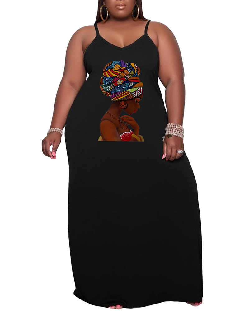 

Plus Size Figure Print Spaghetti Strap Maxi Dress, Black