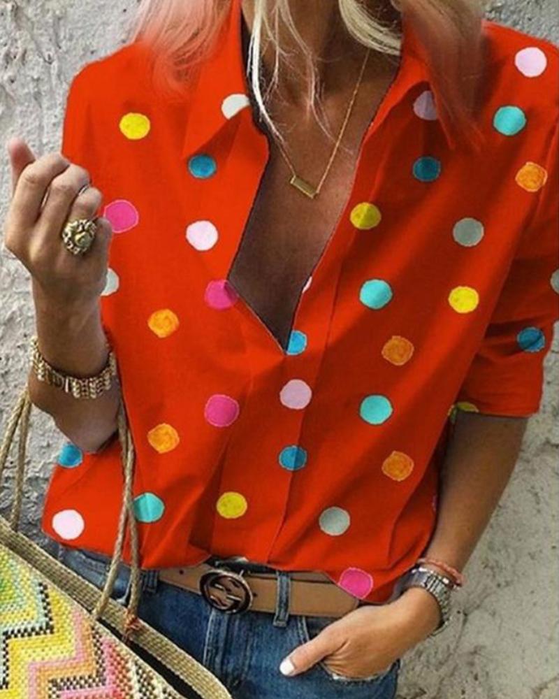 

Multicolor Dot Long Sleeve Button-up Blouse, Red
