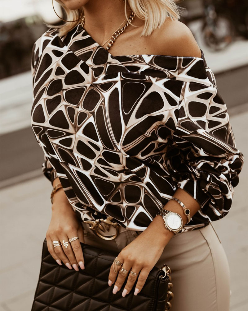 

Geometric Print Long Sleeve Top, Black