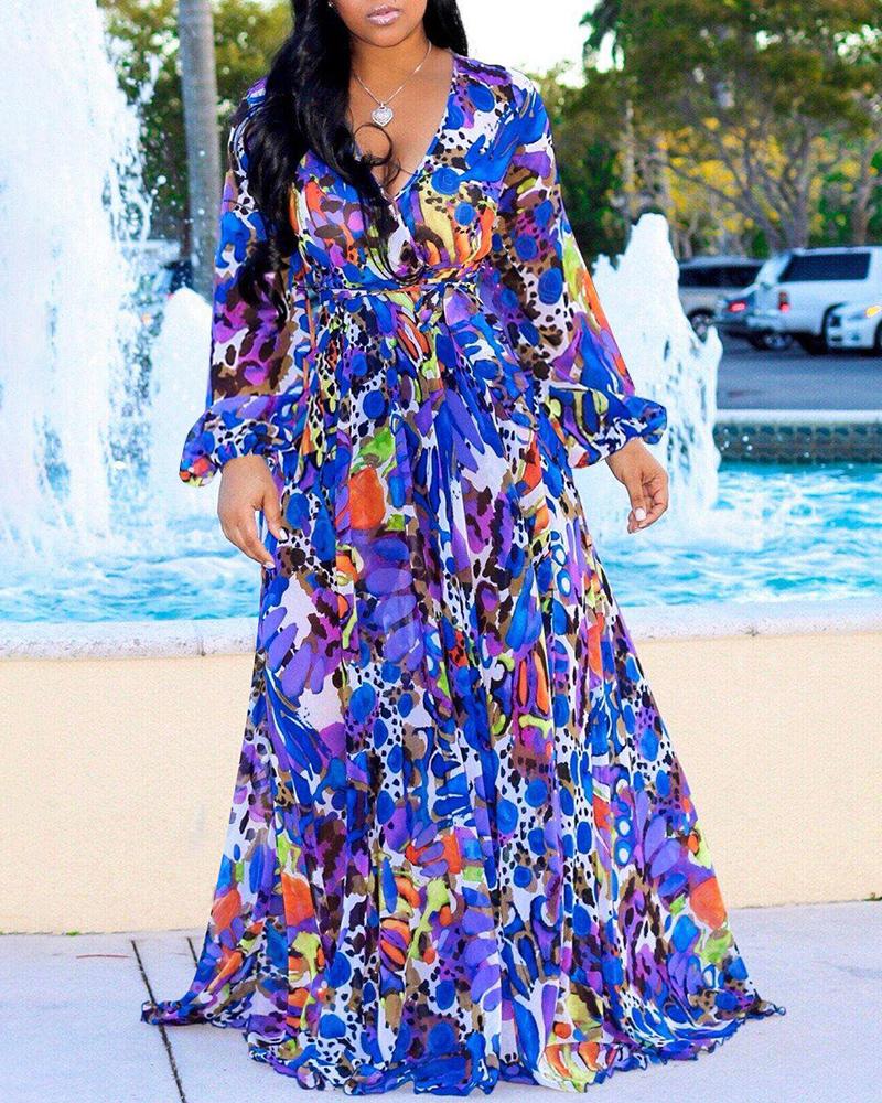 

Tropical Print Deep V Belted Warp Maxi Dress, Dark blue