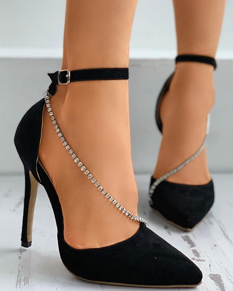 

Rhinestone Ankle Strap Stiletto Heels, Black