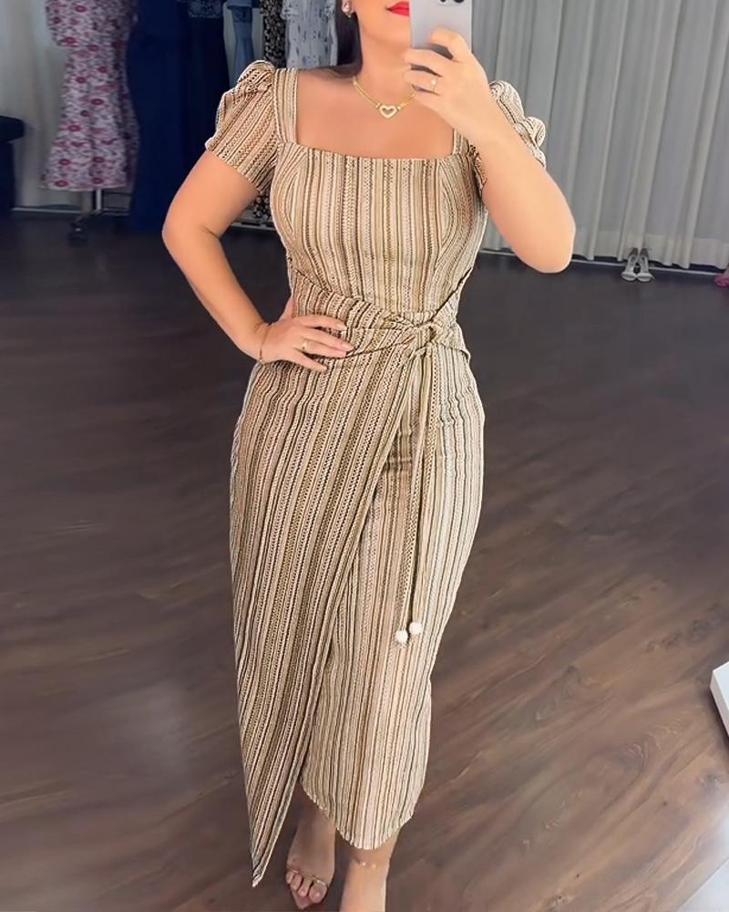

Robe moulante mi-mollet à imprimé rayé, col carré, manches bouffantes, détails noués, coupe ajustée, Khaki
