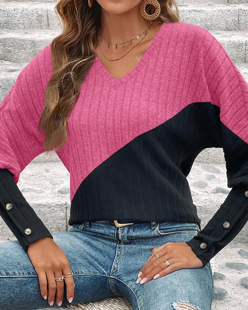 

Colorblock Gigot Sleeve Buttoned Top, Hot pink