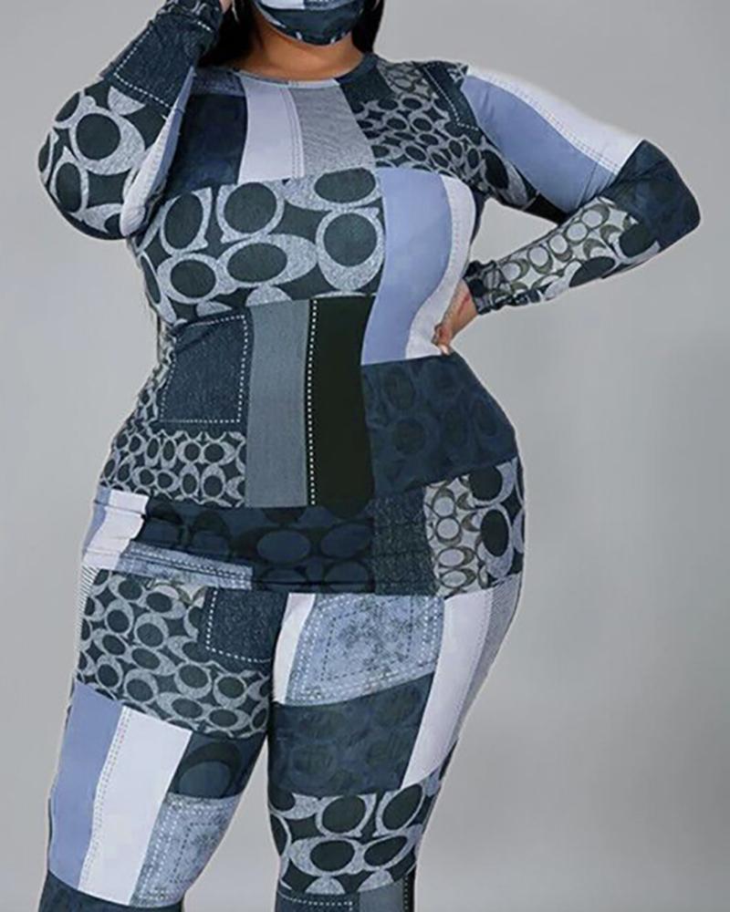 

Plus Size All Over Print Long Sleeve Top & Pants Set, Blue