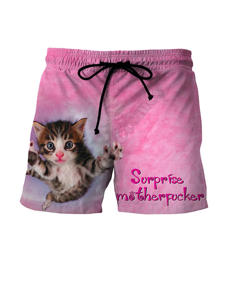 

3D Catty Print Loose Drawstring Shorts, Pink