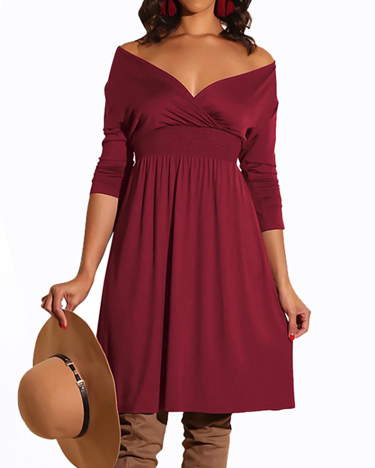 

Off Shoulder Shirred Waist Pleated Dress, Wine red