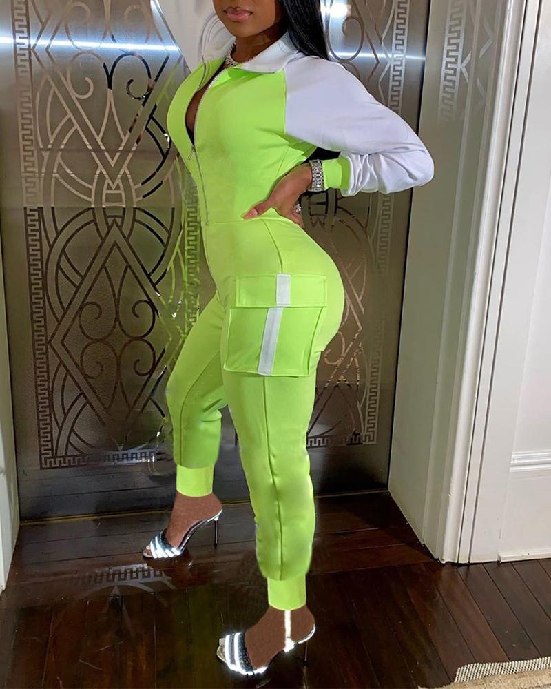 

Colorblock Long Sleeve Skinny Jumpsuit With Pockets, Green