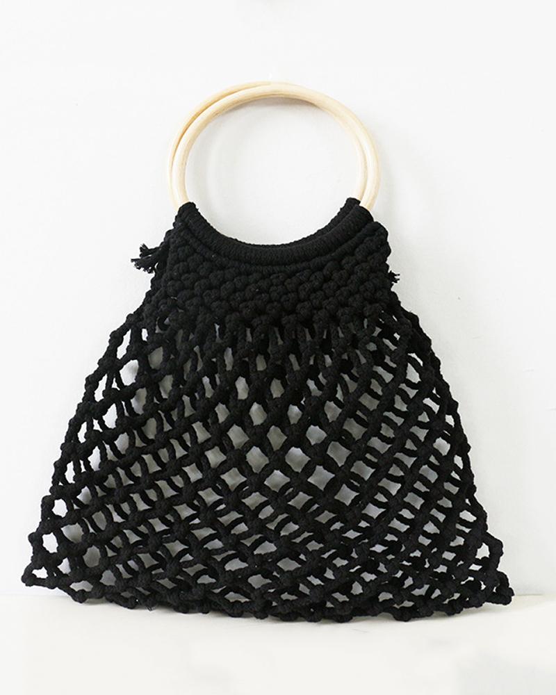 

Crochet Hollow Out Round Beach Handle Handbag, Black