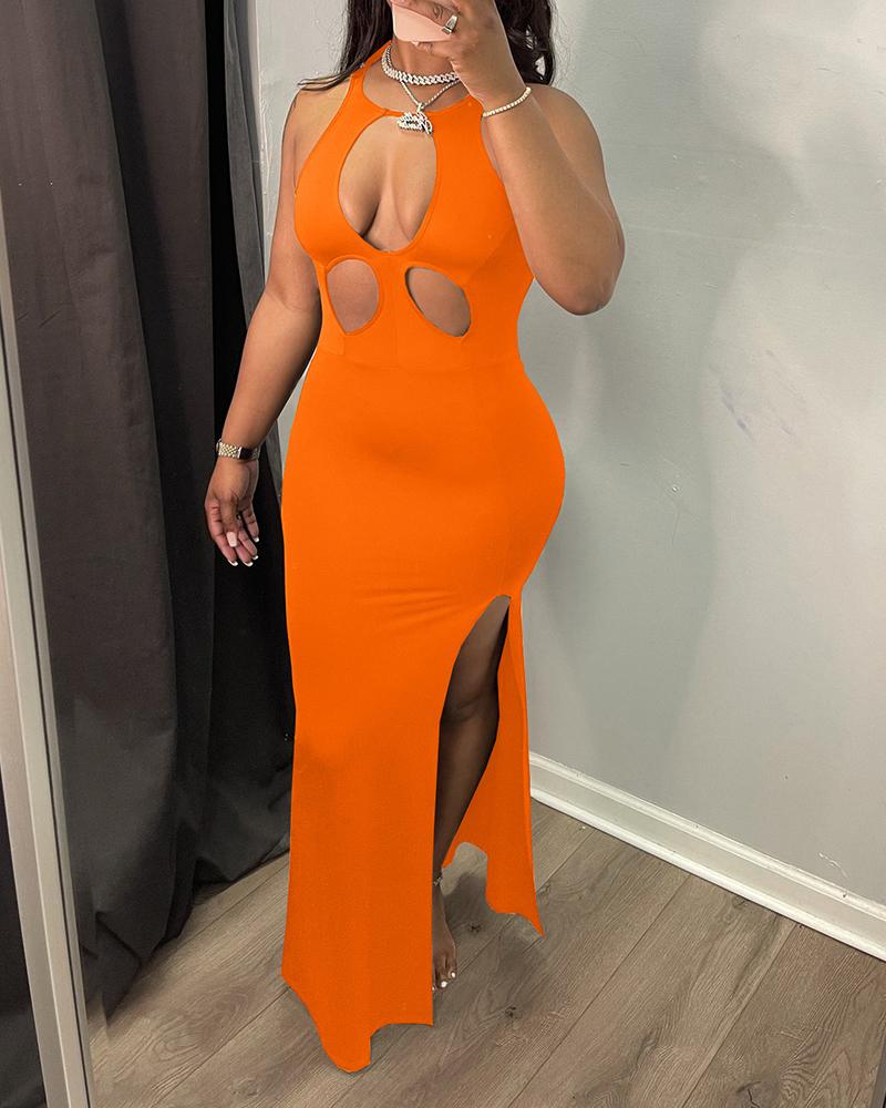 

Cutout High Slit O-neck Sleeveless Maxi Dress, Orange