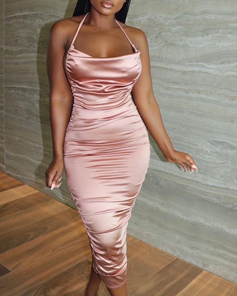 

Halter Backless Ruched Satin Bodycon Dress, Rose gold