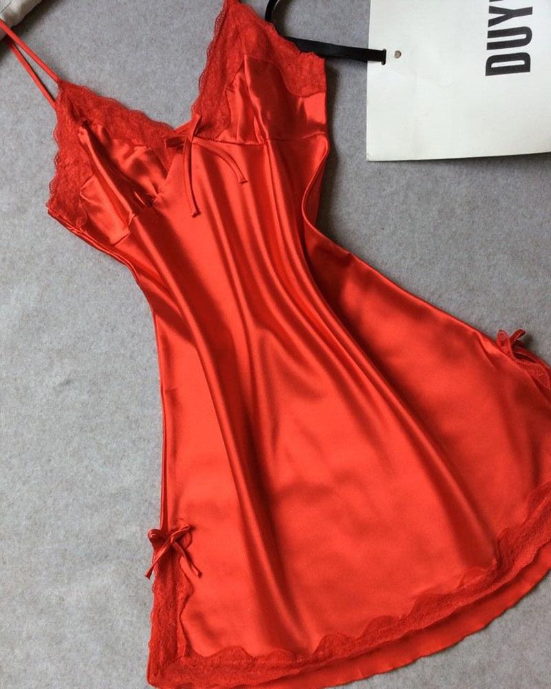 

Lace Trim Satin Sleepwear Cami Dress, Red