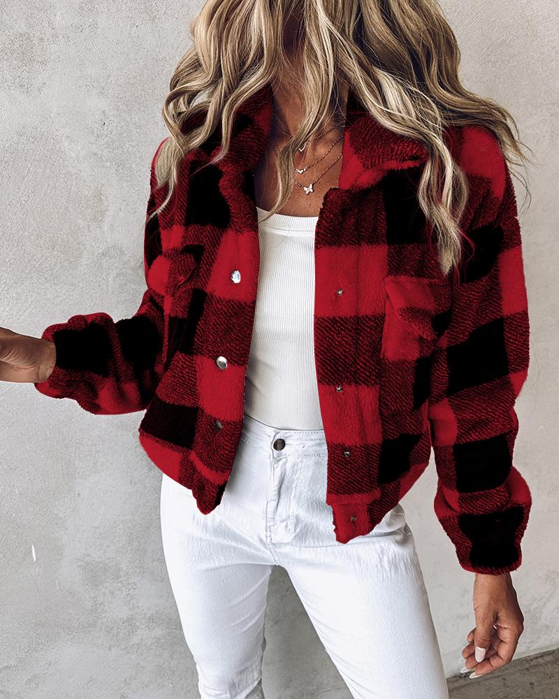 

Colorblock Turn-down Collar Fleece Teddy Jacket, Red