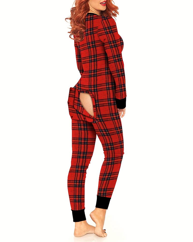 

Plaid Functional Buttoned Flap Adults Pajamas, Red