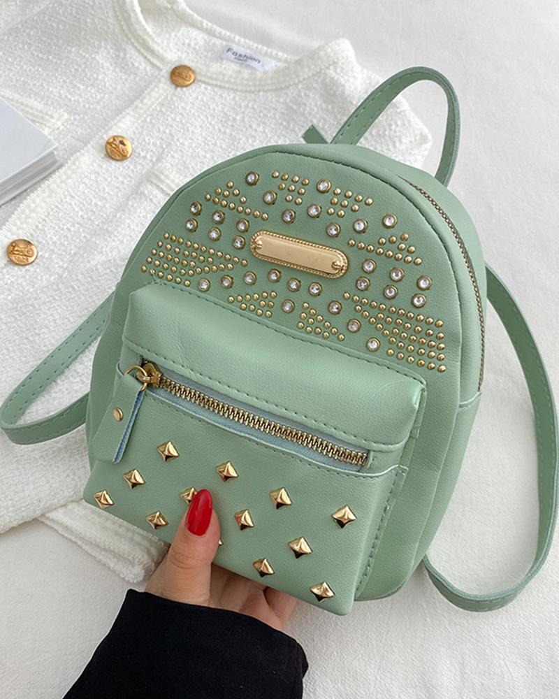 

Studded Rhinestone Decor Zipper Design Backpack Trendy School Bag, Green