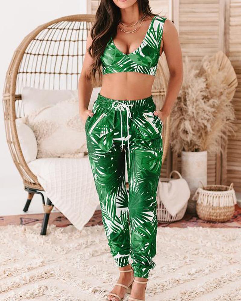 

Floral Print Sleeveless Slim Tanks With Pants Suit Sets, Green