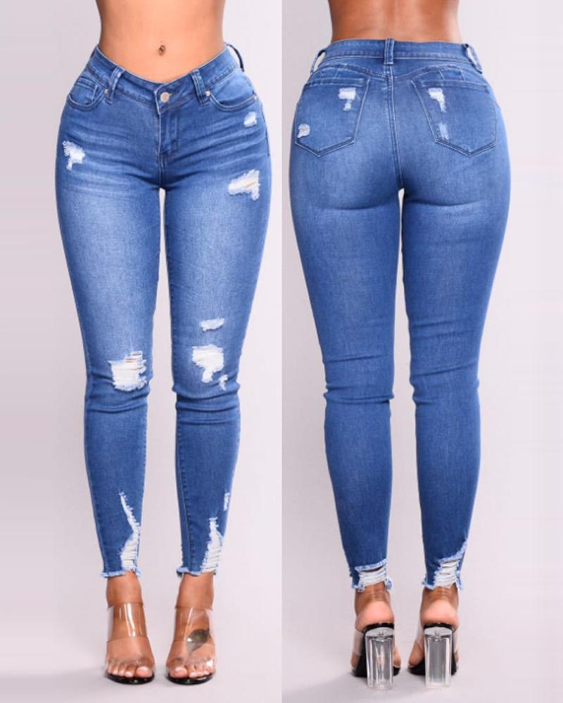 

Pocket Design Ripped Fringe Hem Denim Pants, Blue