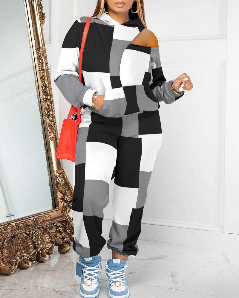 

Geometric Print Cold Shoulder Hoodie & Pants Set, Black
