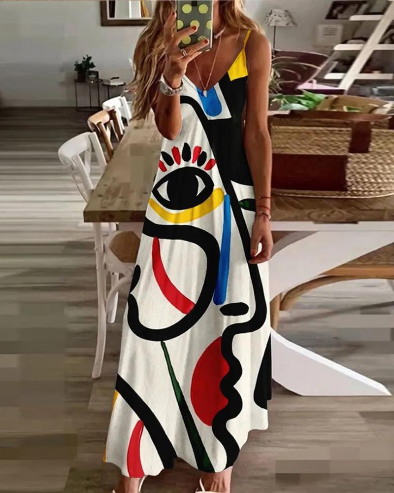 Abstract Figure Print V-Neck Cami Maxi Dress