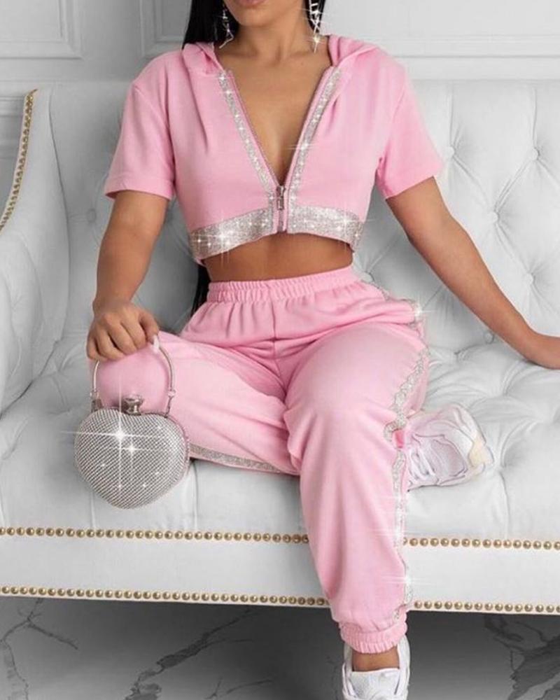 

Contrast Sequin Hooded Zipper Crop Top & Cuff Pants Set, Pink