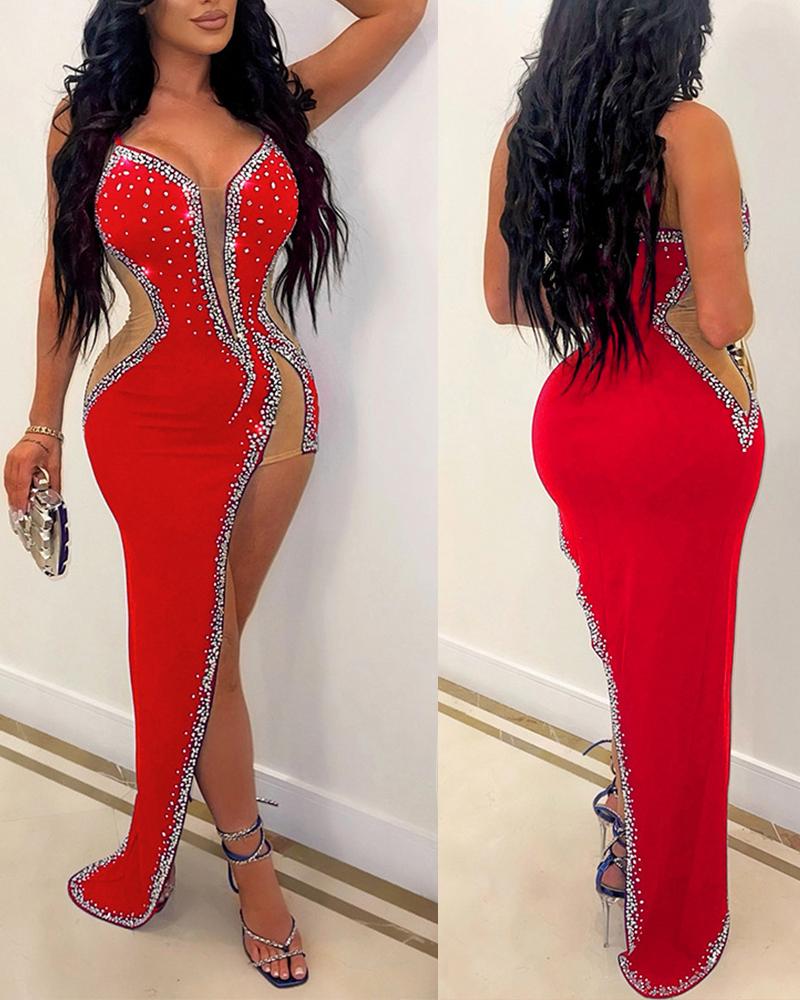 

Contrast Mesh Rhinestone Decor Asymmetrical Party Dress, Red
