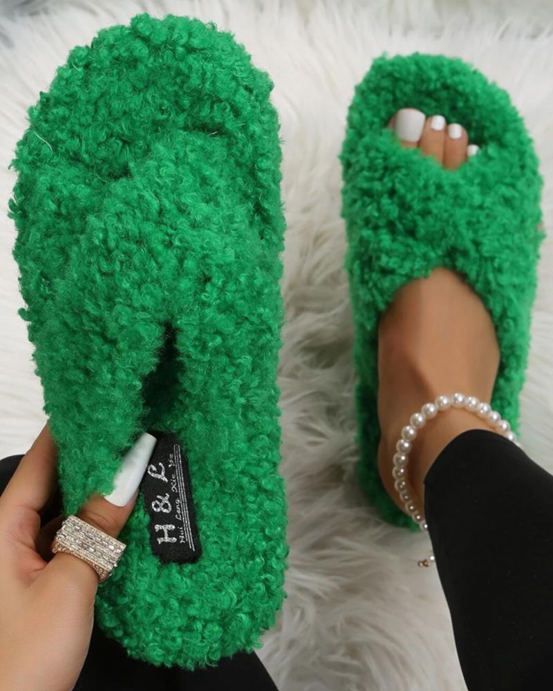 

Crisscross Peep Toe Fluffy Slippers, Green