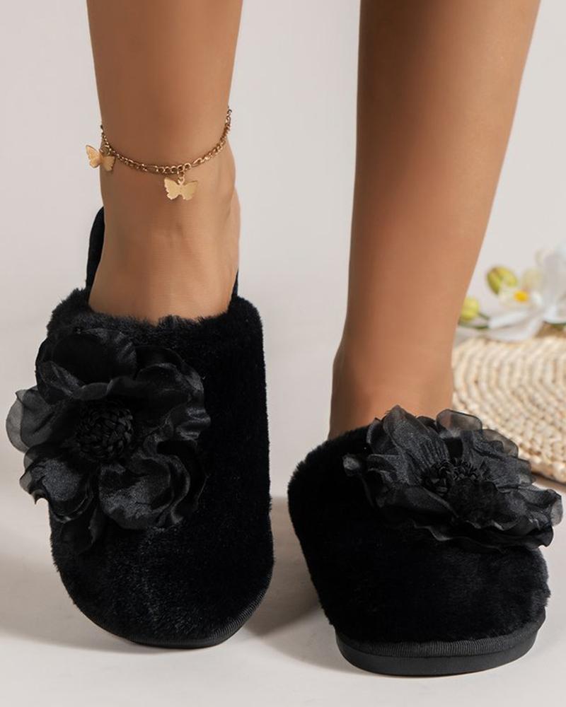 

Round Toe Floral Pattern Fuzzy Slippers, Black