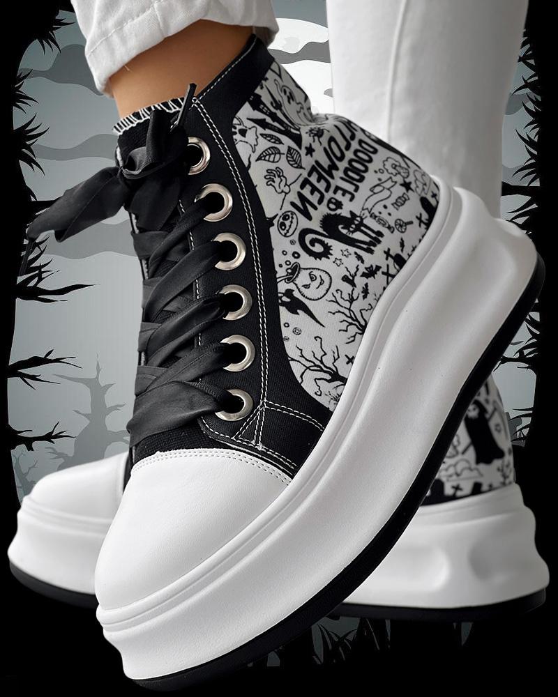 

Halloween Cartoon Letter Print Colorblock Zipper Design Lace-up Sneakers, Blackwhite