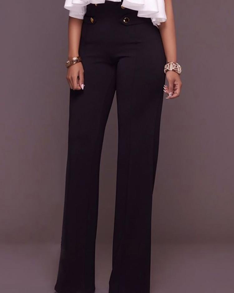 

Buttoned High Waist Wide Leg Tailored Pants, Black