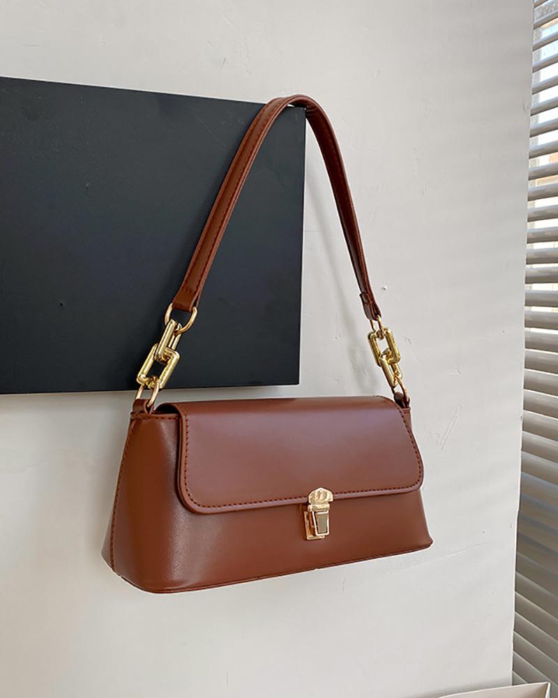 

Push Lock Chain Baguette Handbag, Brown