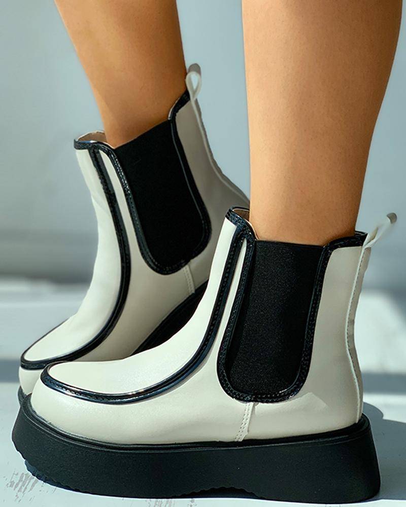 

Contrast Binding Flatform Chelsea Ankle Boots, Beige