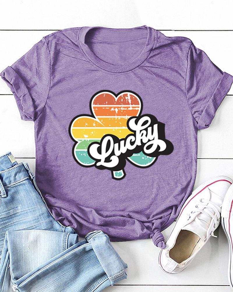 

St.Patrick' Day Letter & Clover Print Short Sleeve T-Shirt, Purple