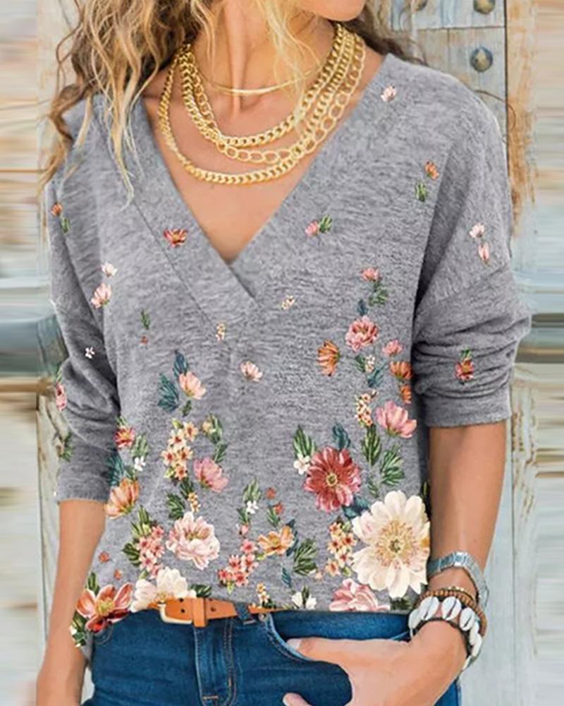 

Floral Print Long Sleeve V-Neck Top, Gray