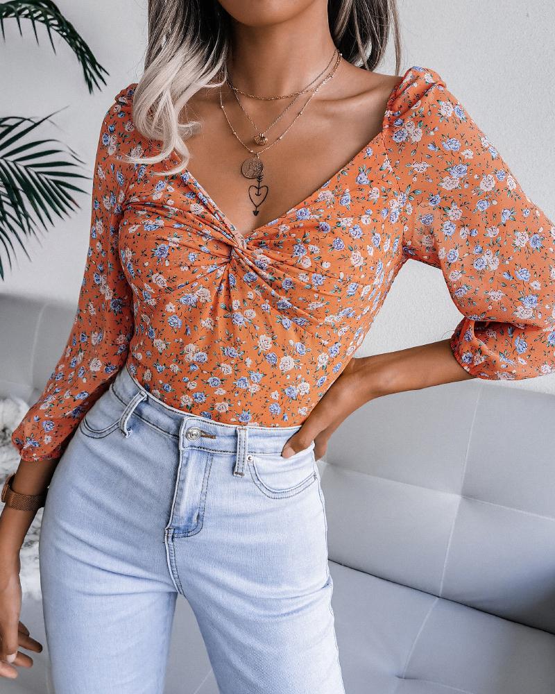

Twisted Front Shirred Floral Print Ruched Top, Orange