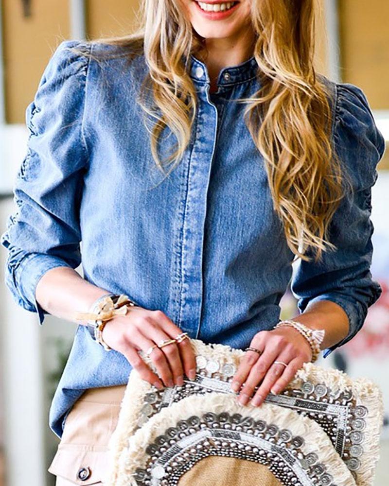 

Puff Sleeve Button Design Denim Top, Blue