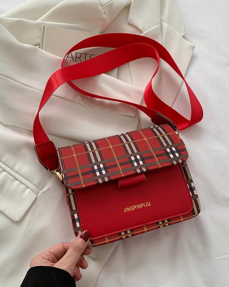 

Plaid Pattern Flap Crossbody Bag, Red