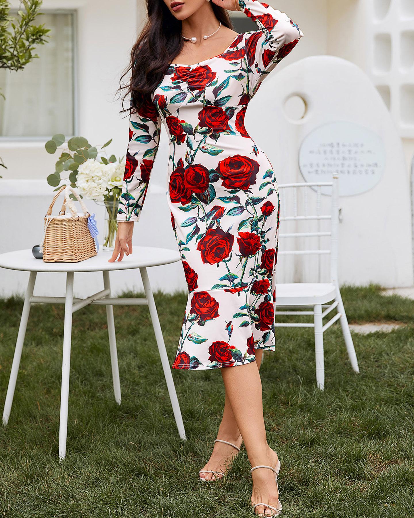 

Square Neck Floral Print Long Sleeve Mermaid Dress, Red