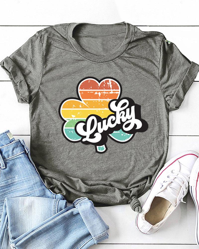 

St.Patrick's Day Letter & Clover Print Short Sleeve T-Shirt, Gray