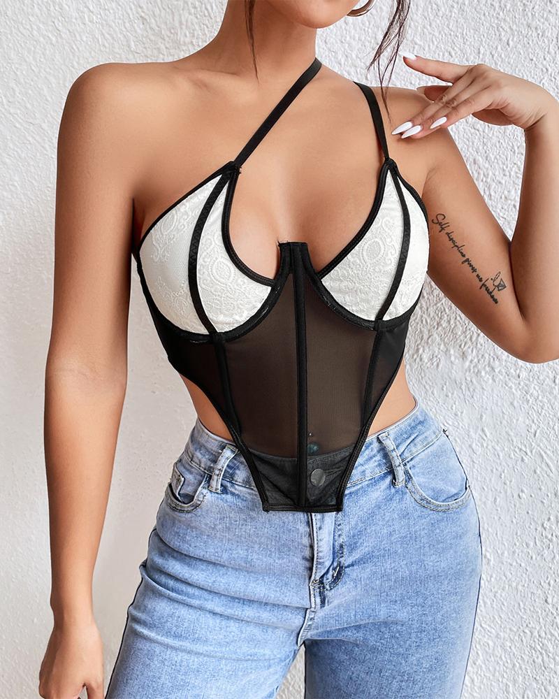 

Colorblock Sheer Mesh Corset Crop Top, Black