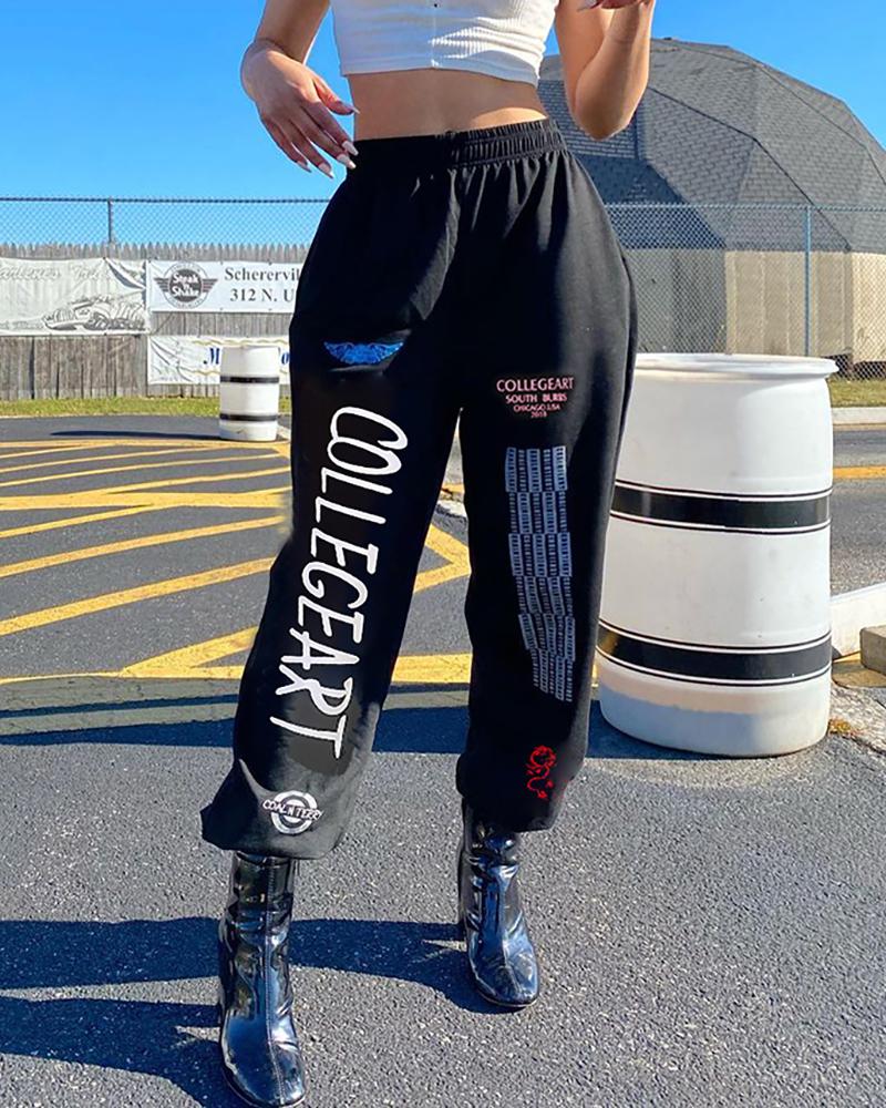 

High Waist Letter Graphic Print Cuffed Sweatpants, Black